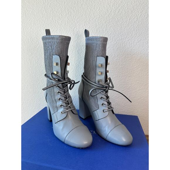 Stuart Weitzman Veruka Booties Gray Leather Lace-Up Block Heel Boots Sz 7 - Picture 2 of 5